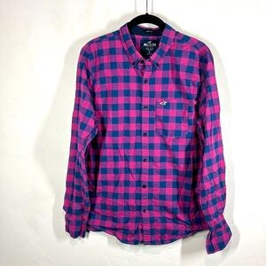 Hollister pink and blue plaid slim fit button down shirt size medium